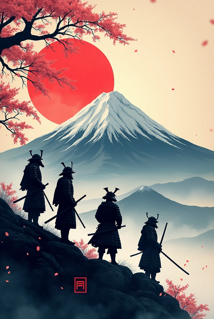 Generate an image for me, A banner with silhouettes of samurai in a mountain landscape with cherry blossoms