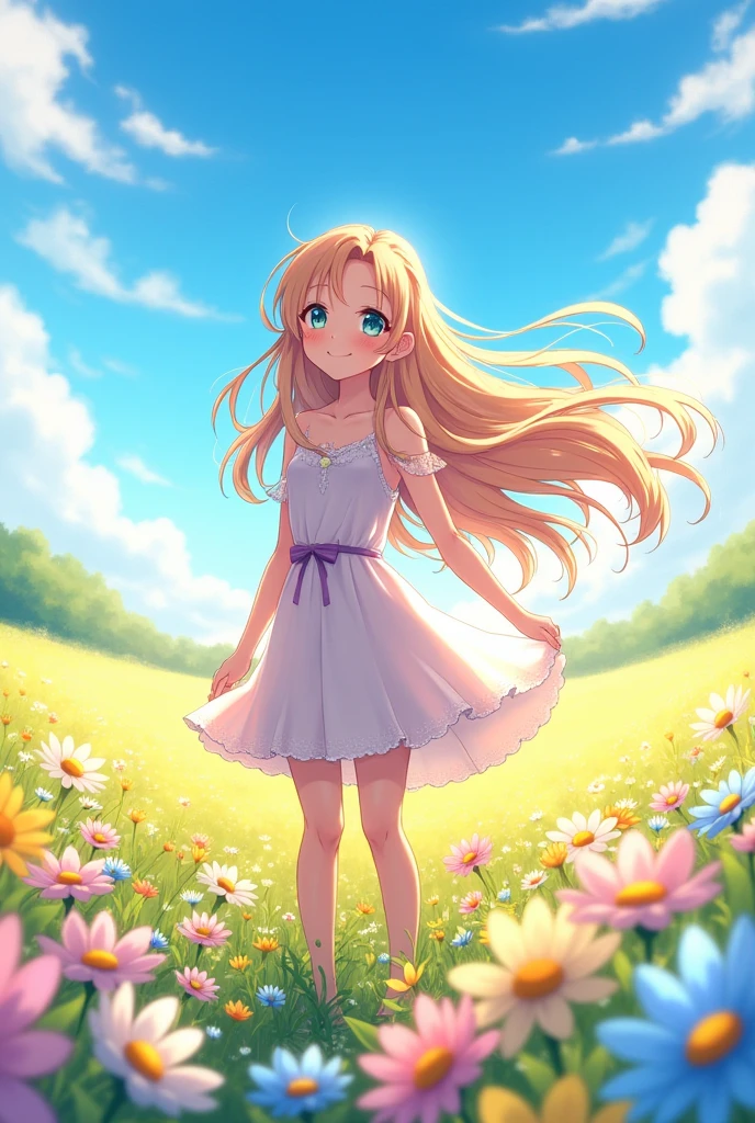 A beautiful smiling long-haired woman in a field of flowers. Anime girl.