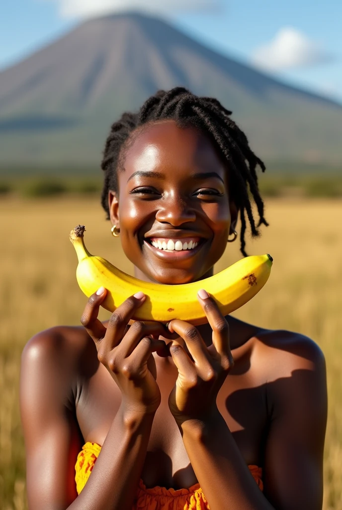 Beautiful Tanzanian woman、Facing forward、Staring straight ahead、Ecstatic expression、With an erotic look、1 peeled banana、Eating with mouth open。In the background are famous Tanzanian tourist destinations