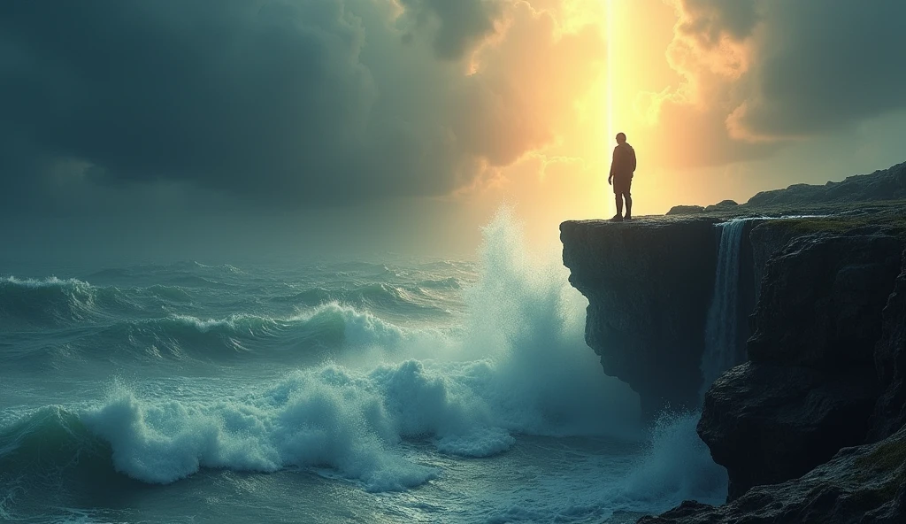 Create a poignant and reassuring image inspired by the phrase 'When facing adversity, it is easy to feel lost and helpless, but this psalm assures us that we are not alone.' Visualize a dramatic scene depicting a challenging and tumultuous environment, such as a stormy sea or a dark, rugged terrain. In the midst of this adversity, show a figure standing with a look of uncertainty or despair. However, a comforting and radiant light or a divine presence should be visible in the background, symbolizing the reassurance and support provided by the psalm. The contrast between the harsh surroundings and the warm, guiding light should highlight the message of not being alone in times of trouble. The overall mood should blend a sense of struggle with a profound feeling of divine companionship and hope,  16k resolution, ultra HD, realistic, vivid colors, pen and ink technique, perfect composition, octane render radiating with soft, volumetric, cinematic lighting, trending on ArtStation, photorealistic concept art, artistic photography, ultra fine, highly detailed,  beautiful, detailed, intricate, insanely detailed, octane render, trending on ArtStation, 16k artistic photography, photorealistic concept art, soft