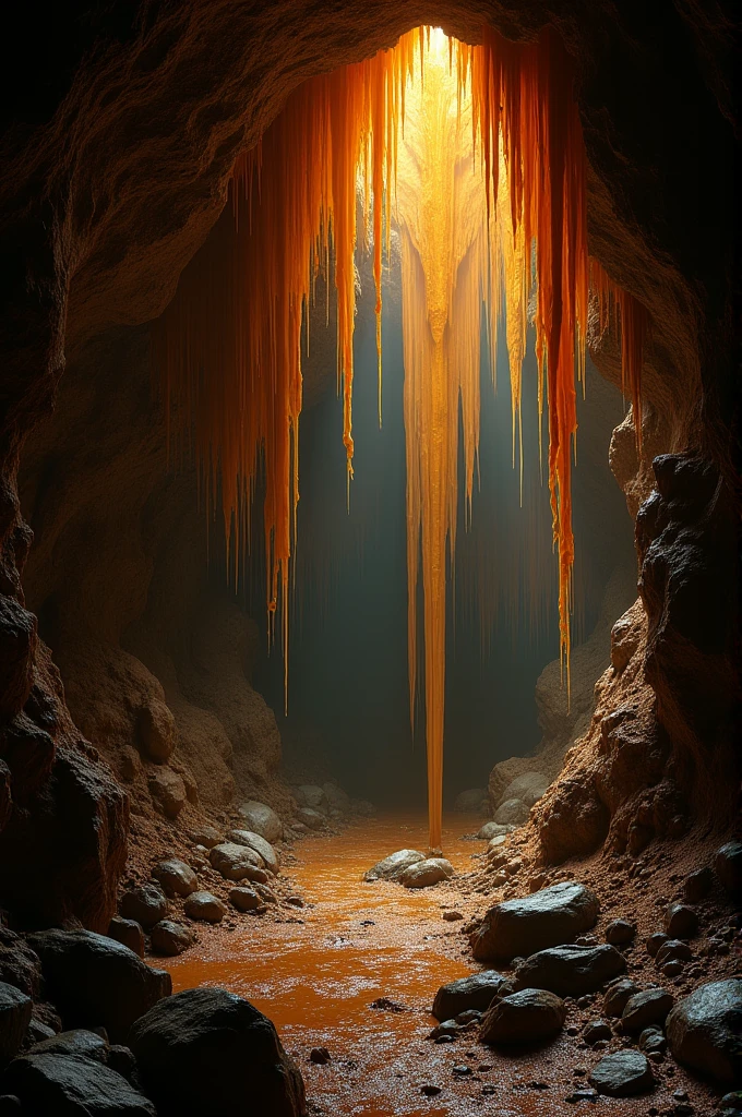 Creepy cave with caramel stalactites
