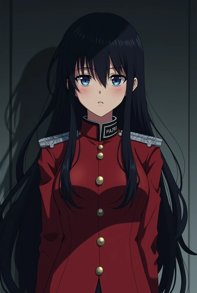 An anime girl, ruffled long hair, black hair, beautiful, lazy look, bored eyes, red military uniform, half body, cold, dark theme, cool pose, blue violet eyes
