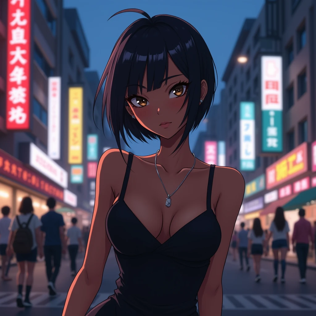 An anime character: A black woman with dark eyes. Her hair is short and black. He wears a short black dress.