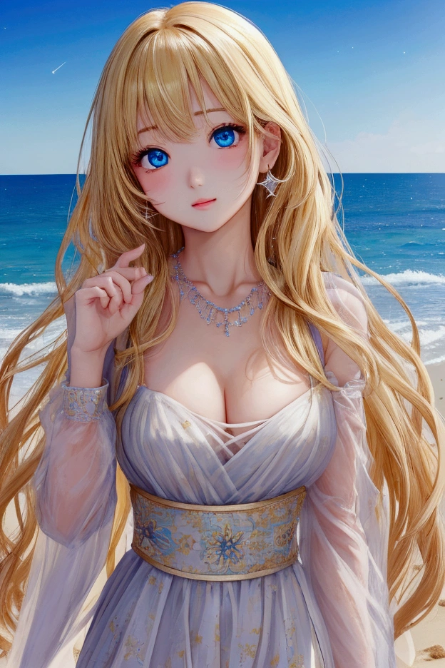 (masterpiece、Highest quality、8k、High resolution)、(The best beautiful girl)、Best Style、(The most beautiful face)、Clear skin、Clean blue eyes、Beautiful lips、Beautiful nose、Blonde Hair、Ample breasts、Walking on the sand、look back、Ocean、You can see the forest、A bright night with stars visible、Beautiful starry sky、milky way、(体whole bodyから神秘的な光の粒子、Colorful Light)、The face looks beautiful、(jewelry、necklace)、dress、(whole body)、Highly detailed anime art、A complete portrayal、