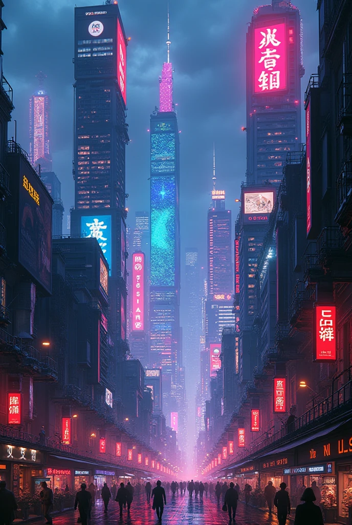 cyberpunk, city landscape, with neon colors, futurist, Utopian, view from afar.