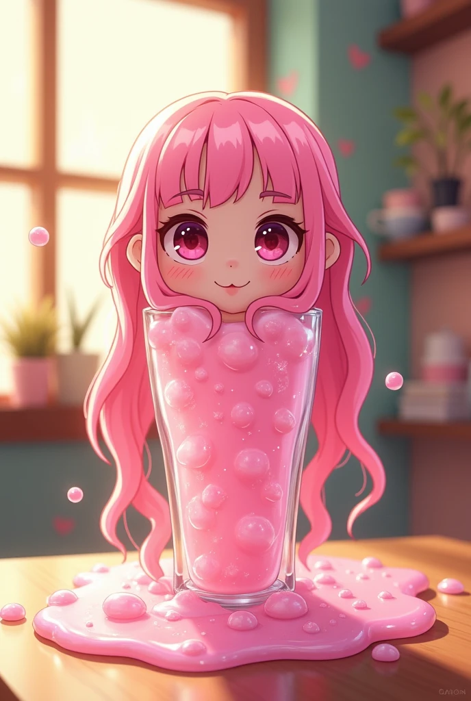 Pink anime slimegirl in a drinking glass