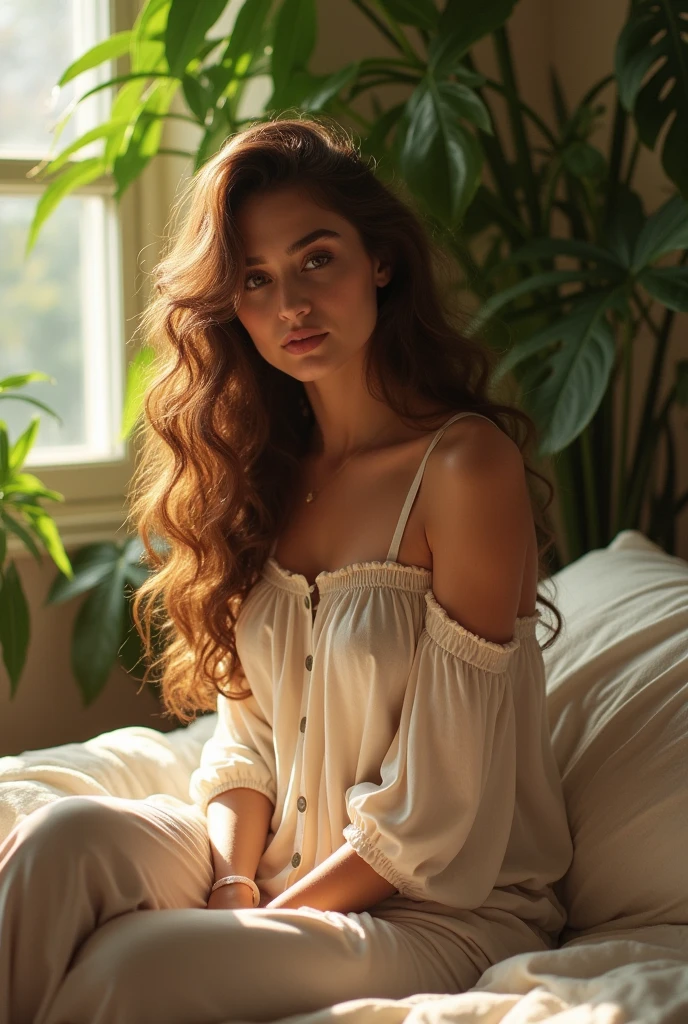 (photorealism:1.2), beautiful woman, sitting on bed, wearing loose off-shoulder top, pajama pants, long curly hair, indoors, soft lighting, plants in background, window with sunlight, cozy room, relaxed pose, realistic, intricate details, warm colors, by Greg Rutkowski, by Alphonse Mucha