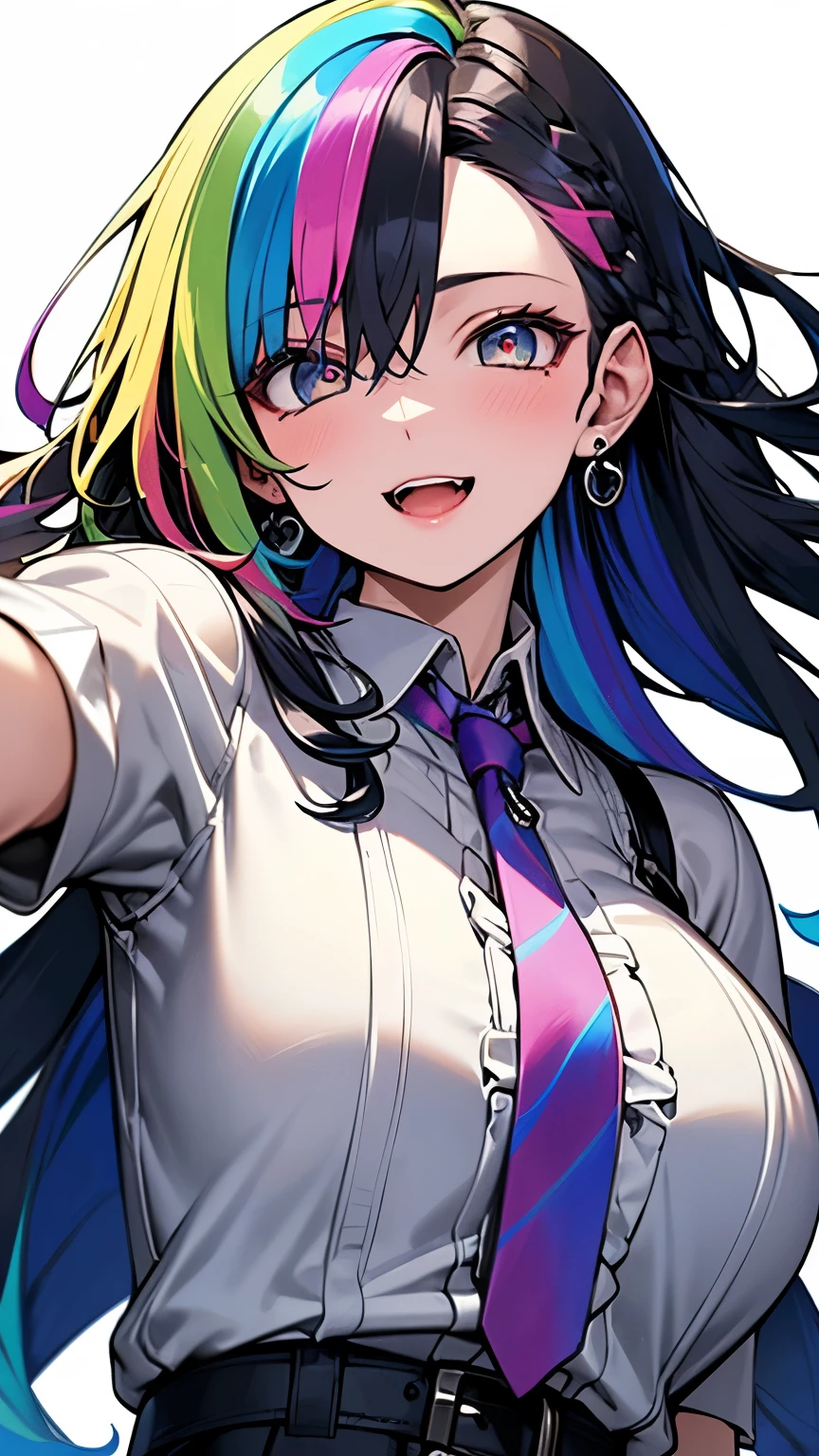 ((forehead:1.5、(((((Rainbow Hair:1.5、Colorful hair colors:1.5、パステルカラーのColorful hair colors:1.5)))))、Rainbow Hair色:1.5、Standing、Long eyelashes、Earrings、Earrings、high school girl:1.5、uniform:1.5、school uniform:1.5、Dress shirt、Long tie、Checked mini skirt、low angle shot:1.5、Gal:1.5、frontal face:1.5、A calm face、Rainbow Hair:1.5、Northern Europe、White、beautiful girl:1.5、Rainbow Hair:1.5、White background、cute、Young、True Face、Shiny Hair、whole body))、overweight:1.5、masterpiece, best quality, ultra detailed, hyper detailed, beautiful, woman, medium shot, from front:1.5, leaping figure composition, midday, in focus with blurred background、 highest quality, figure, super detailed, finely, High resolution, 8k wallpaper, Perfect dynamic composition, detailed and beautiful eyes, Deco out,bionde, big breasts, Natural color lip,white background, random cute poses