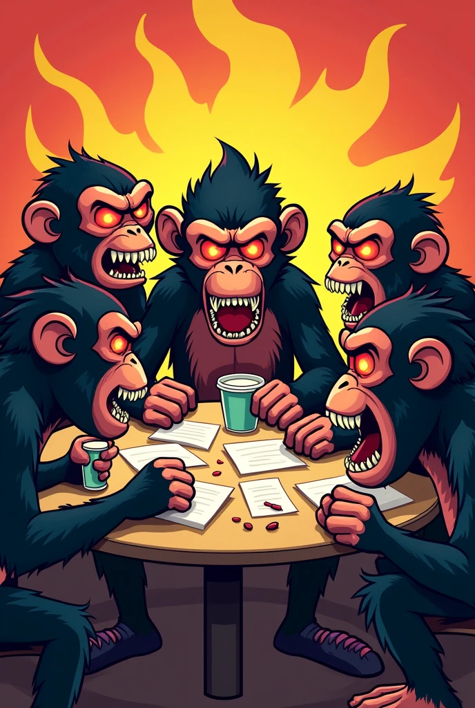 A LOGO OF SEVERAL VERY ANGRY, RED-EYED MONKEYS ARRAGING AT A TABLE IN CARTOON STYLE