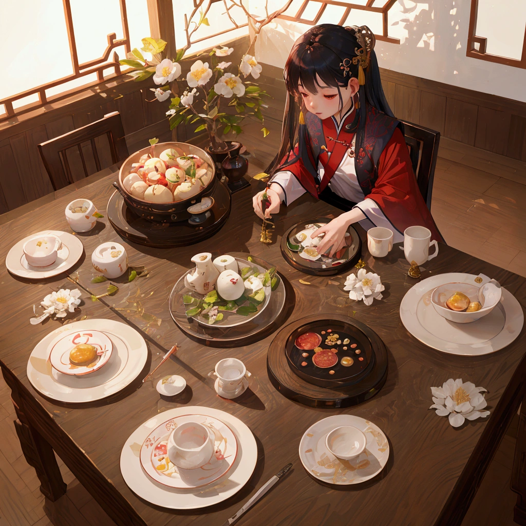 The table is filled with various plates and cups, author：Toth Wu, author jeonseok lee, by Zou Yigui, author：Chen Zhou, author：Yang J, Li Song, author Kim Hwan-gi, author：Ni Yuanlu, author Kim Jeong-hui, by Xia Yong, author：Qiu Ying, author：Xia Gui