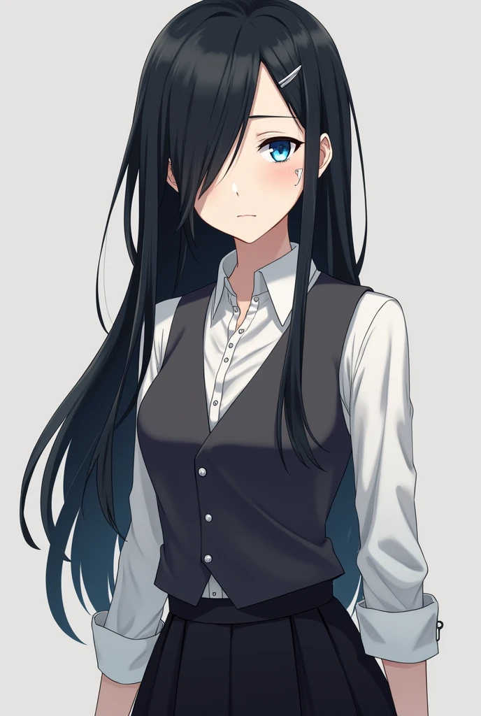 More mature anime style image. A gray background image. A girl with long black hair down with a side bang covering her light blue eyes, a serious expression in a school uniform, a white dress blouse with one button unbuttoned with a vest over it, her sleeve rolled up to her elbow, the blouse remaining over over your black skirt. He had several piercings in both of his ears.