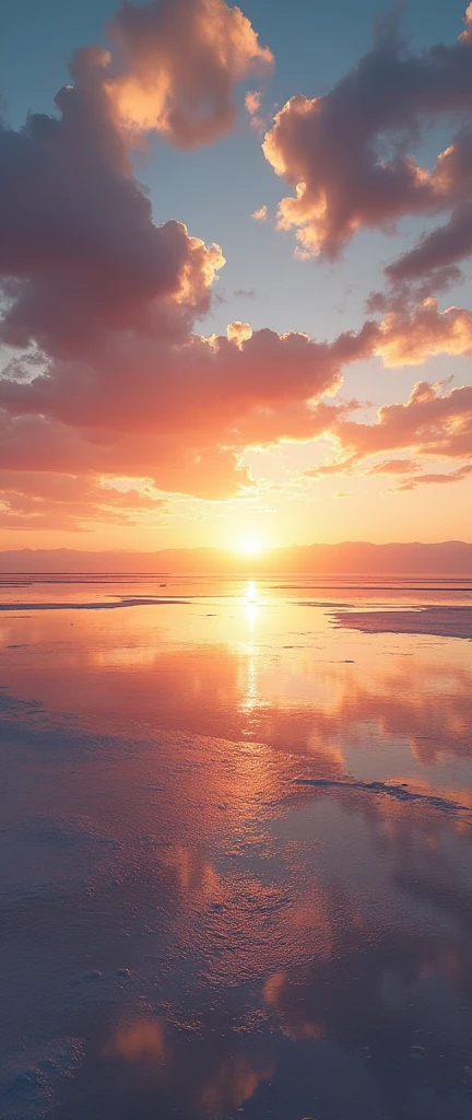 (masterpiece:1.2,Highest quality,Ultra-high resolution,Very detailed,Realistic,RAW Photos:1.2,Elaborate photos),8k,wallpaper,(Ray Tracing),Bolivia,Uyuni salt lake,The flattest place in the world,(A majestic salt lake,Drawing a beautiful and endless water surface,Diffuse reflection of light),(A photograph capturing the magnificent scenery reflected on the water's surface:2.0),sunset,The beautiful sun reflected on the water surface