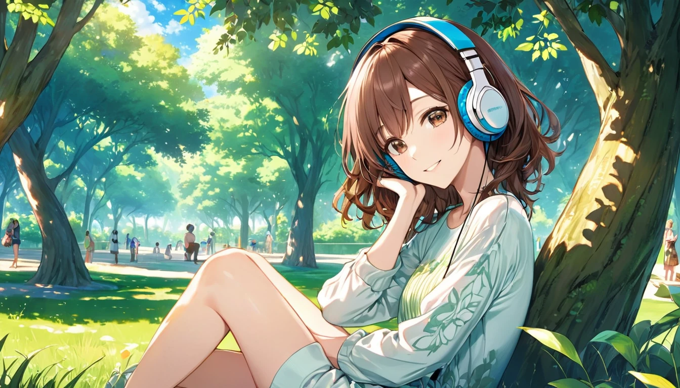 (Brown haired woman wearing headphones), (Cool off in the shade while listening to background music), (Very detailed, masterpiece, Highest quality, bright), (Anime Style)
background: A shady look in a park with lush greenery: Gentle smile costume: A cool one-piece pose: Leaning against a tree、Scene of a person sitting comfortably: Surrounded by the cool shade of the trees and soothing music、Time to refresh
