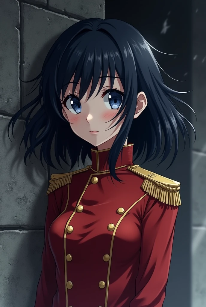 An anime girl, ruffled long hair, black hair, beautiful, lazy look, bored eyes, red military uniform, half body, cold, dark theme, cool pose, blue violet eyes