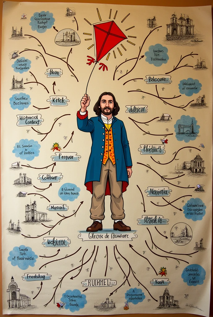 Benjamin Franklin Electric Kite Mind Map to Make on Cardboard, separated into topics (the main ones) with arrows and each with drawings