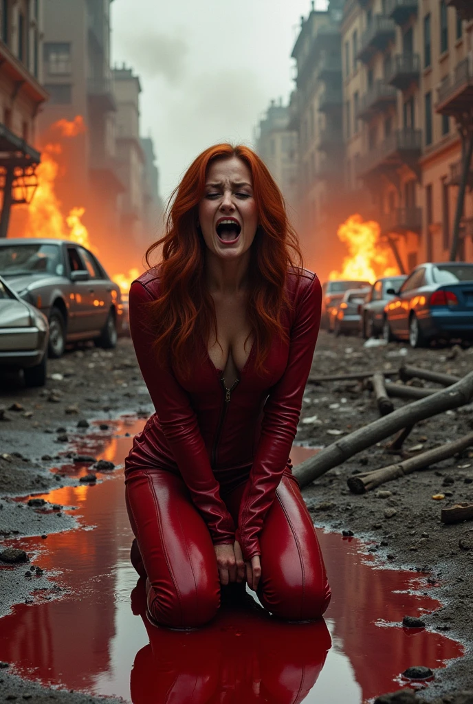 A beautiful woman with long red hair wearing a red leather jumpsuit Scarlet Witch outfit kneeling screaming exhausted after an extensive battle blood around her reflection of her in her blood apocalyptic city cars and buildings on fire scarlet witch logo Marvel Studios
