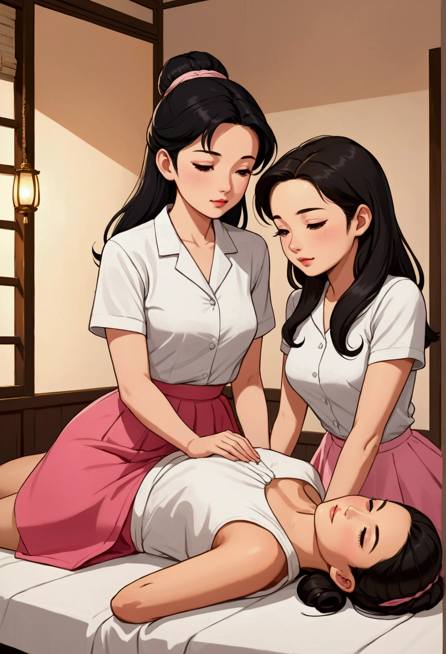 two women in love in anime illustration style, one is a beautiful and shy Asian with long black hair, dressed in a 50s style with a white shirt and a pink skirt who is sitting sideways, giving an innocent and relaxing Thai massage to a beautiful and sweet young British woman with light brown hair tied in a bun, who is lying face down on a stretcher covered with a white sheet and only with her back uncovered receiving her massage, the atmosphere is cozy and intimate between them and is full of scented candles