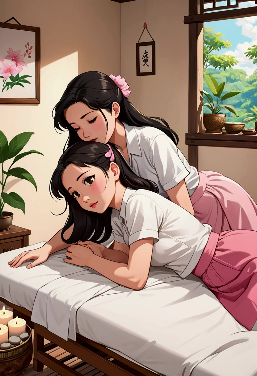 two women in love in anime illustration style, one is a beautiful and shy Asian with long black hair, dressed in a 50s style with a white shirt and a pink skirt who is sitting sideways, giving an innocent and relaxing Thai to a beautiful and sweet young British woman with light brown hair tied in a bun, who is lying face down on a stretcher covered with a white sheet and only with her back uncovered receiving her massagetmosphere is cozy and intimate between them and is full of scented candles