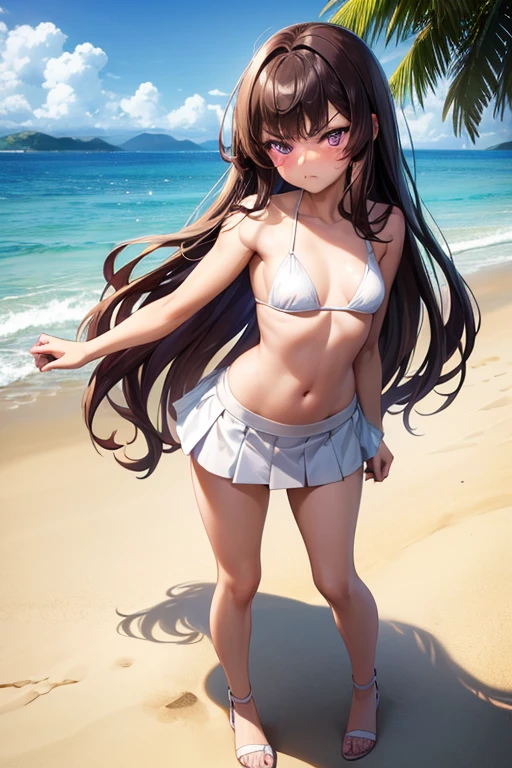 ((best quality)), ((masterpiece)), (detailed), a girl, full body, 19 years old, angry face, young adult, somewhat short stature, purple eyes, brown hair, slightly wavy hair, long hair, bangs, blush, very small breasts, sexy white bikini with skirt, seductive legs, beach background, looking at me, anime