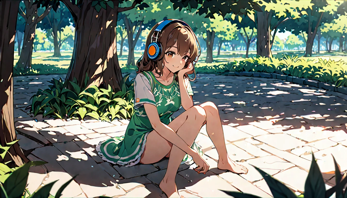 (Brown haired woman wearing headphones), (Cool off in the shade while listening to background music), (Very detailed, masterpiece, Highest quality, bright), (Anime Style)
background: A shady look in a park with lush greenery: Gentle smile costume: A cool one-piece pose: Leaning against a tree、Scene of a person sitting comfortably: Surrounded by the cool shade of the trees and soothing music、Time to refresh