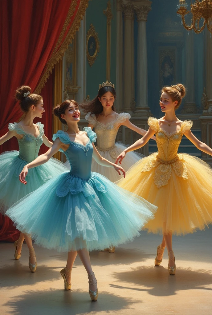 From the image of the Degas ballerinas screen, add the most famous Disney princesses among the Degas ballerinas dancing ballet.