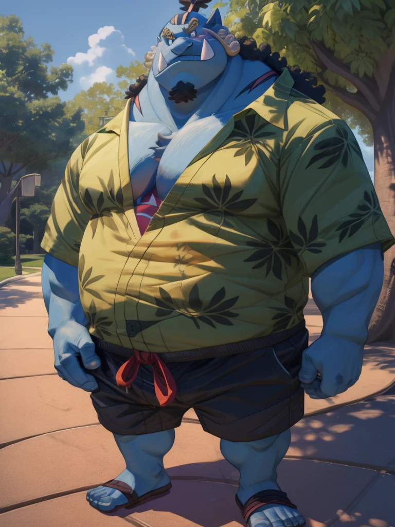 solo, 1boy, (jinbei:1.2, park, blue skin, shorts, hawaiian shirt, smile) (muscular, pectoral, chubby), park background, masterpiece, high detailed, 8k, high resolution