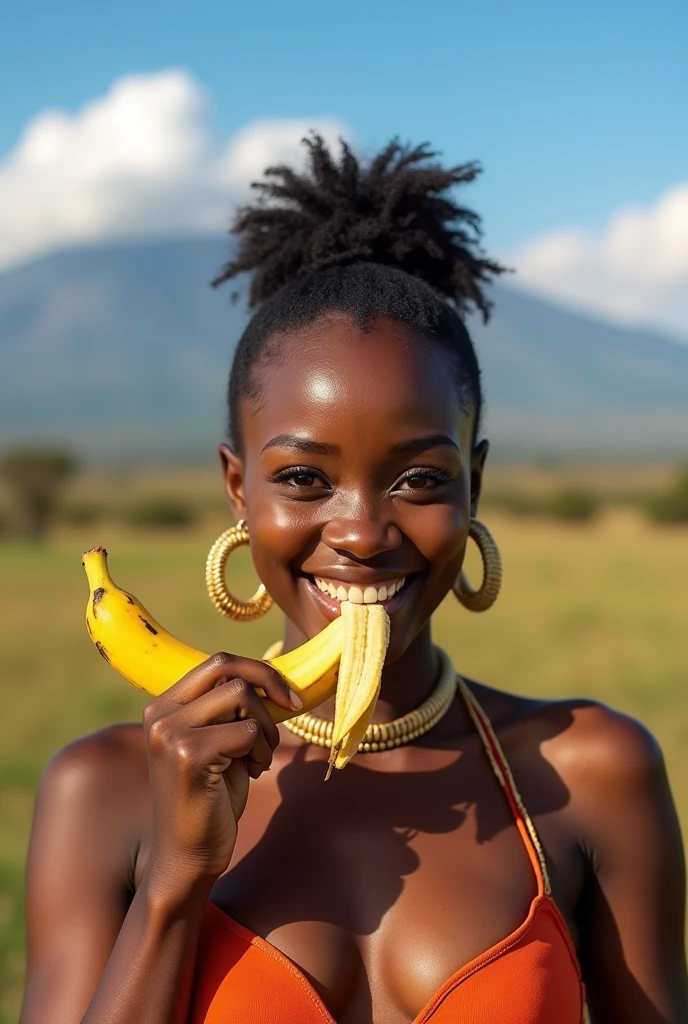 Beautiful Tanzanian woman、Facing forward、Staring straight ahead、Ecstatic expression、With an erotic look、1 peeled banana、Eating erotically with open mouth。In the background are famous Tanzanian tourist destinations