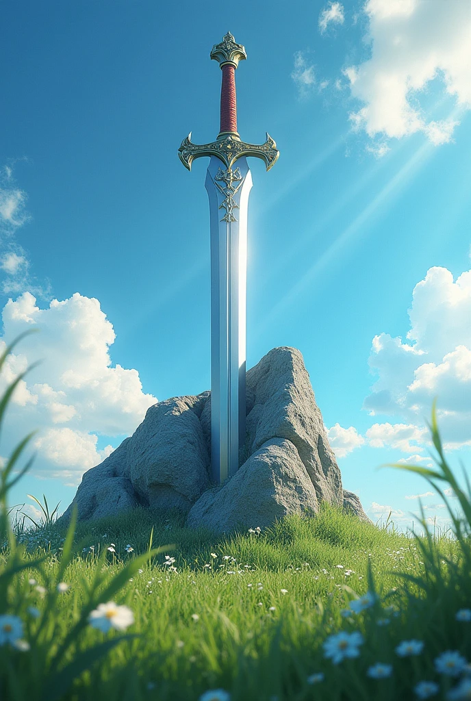 masterpiece、Highest quality、Very detailed、Ultra-high resolution、middle ages、Sword in the rock、blue sky、grassland、Aura of Light