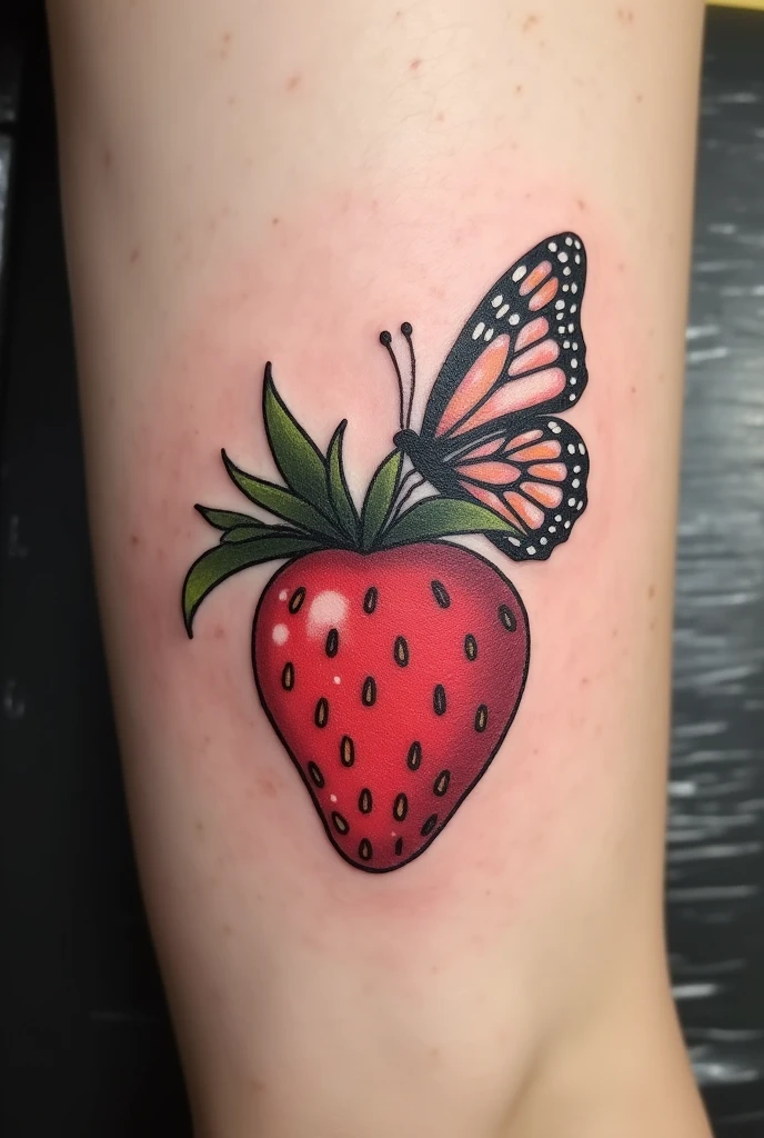 A minimalist and creative 10cm masculine tattoo featuring a strawberry and a butterfly  