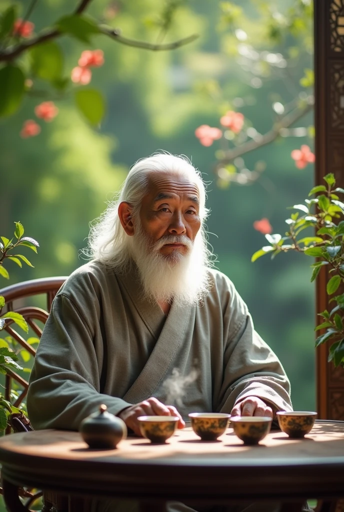 The feng shui master is an Asian man, his hair is white, he sits looking straight ahead. sitting at the tea table, behind the trees and charming scenery,