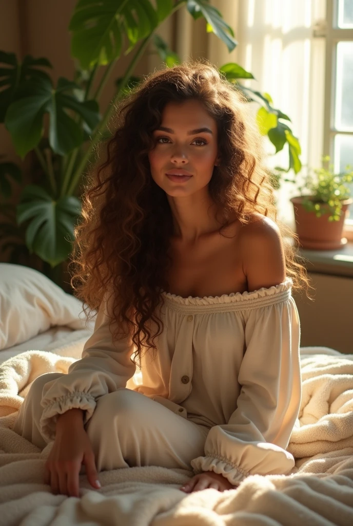 (photorealism:1.2), beautiful woman, sitting on bed, wearing loose off-shoulder top, pajama pants, long curly hair, indoors, soft lighting, plants in background, window with sunlight, cozy room, relaxed pose, realistic, intricate details, warm colors, by Greg Rutkowski, by Alphonse Mucha