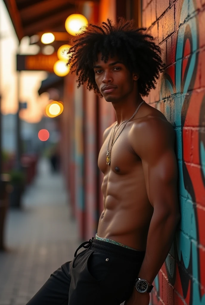 Make a picture of a black-haired boy, with curly hair (defined) that reaches the front of the hair, up to the eyebrows and the rest is normal , muscular, a little bit moreno (taking the blank), with a tall fuckboy face and the image reaching to the hip