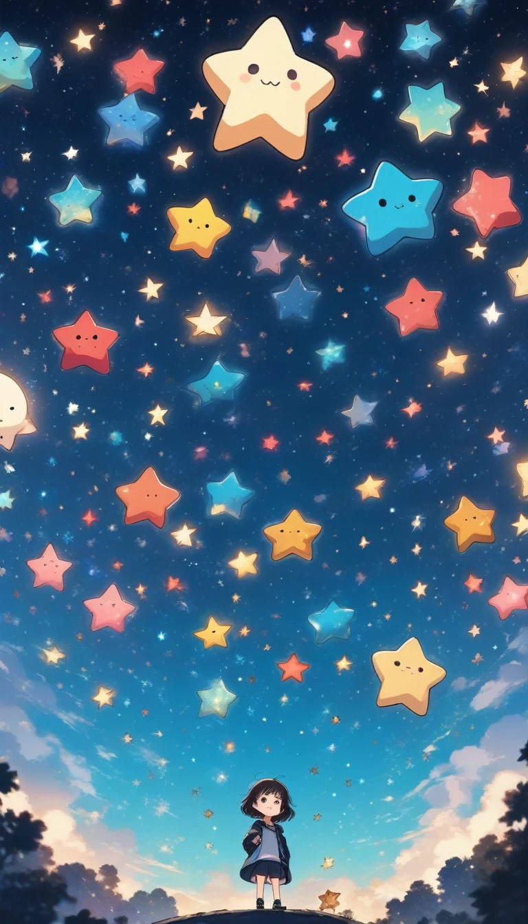 score_9, score_8_up, score_7_up, score_6_up, score_5_up, score_4_up, large amount of star-shaped objects of various colors, floating in the sky, chibi characters gazing at them, anime manga illustration cartoon style, background a lot of colorful stars