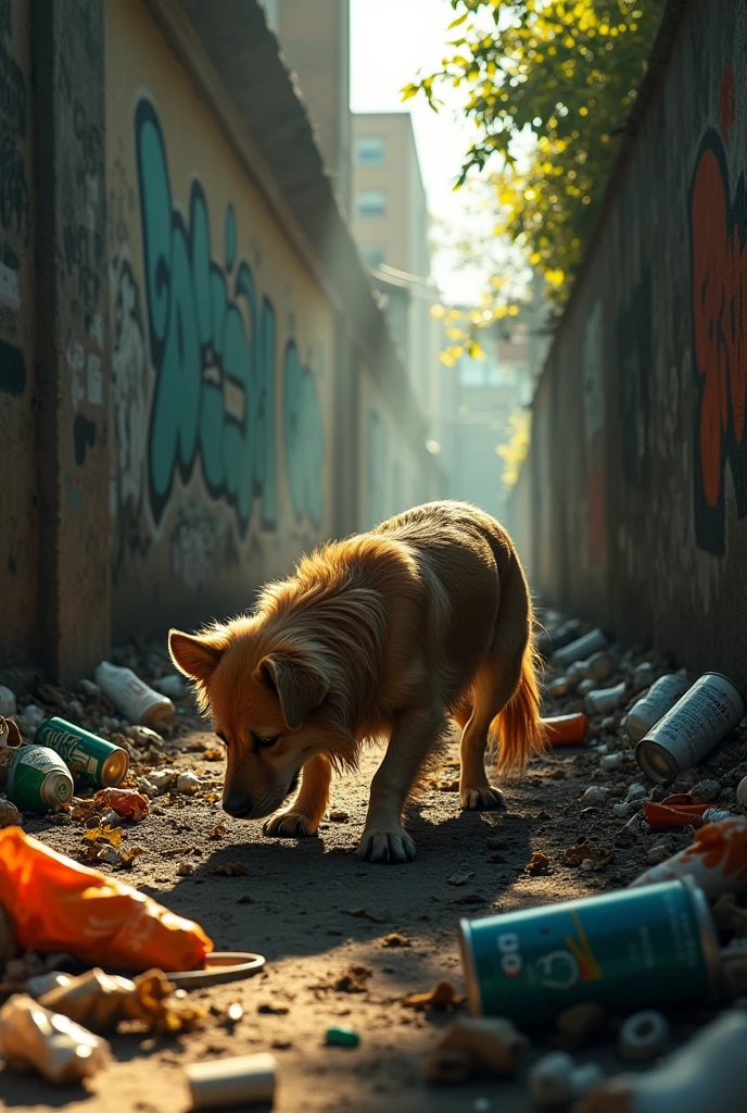 Stray dog in the trash dreaming about his owner