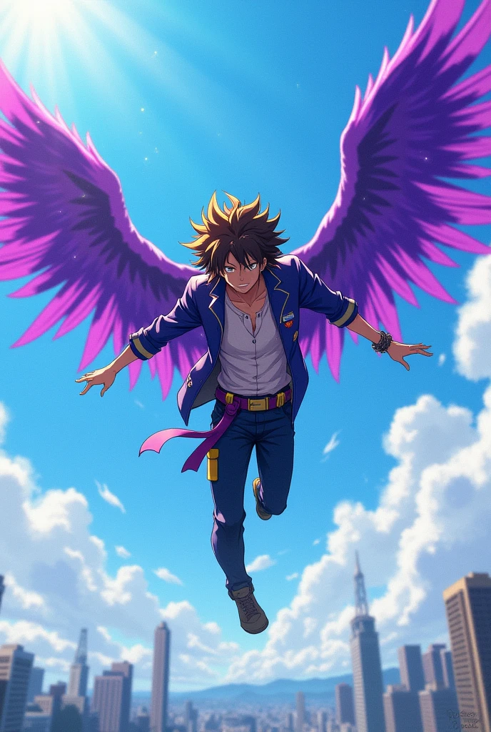 Male character of bokuno hero with purple wings and brown hair with yellow