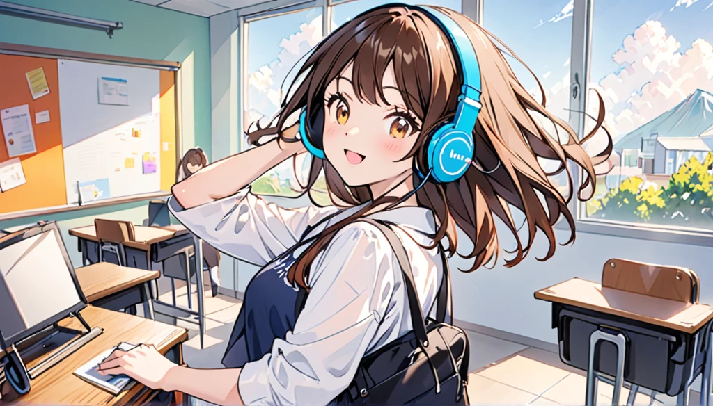 Girl wearing headphones,Brown Hair,1 person,fun,bright,jazz,The background is the classroom