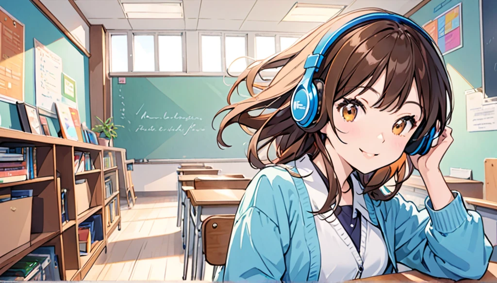 Girl wearing headphones,Brown Hair,1 person,fun,bright,jazz,The background is the classroom