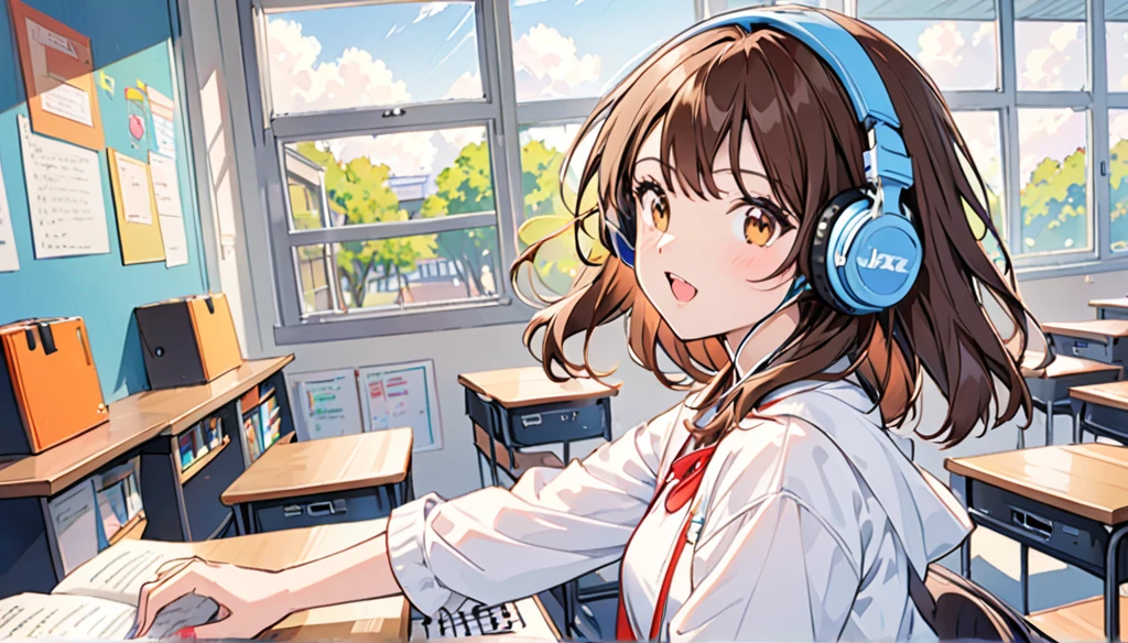 Girl wearing headphones,Brown Hair,1 person,fun,bright,jazz,The background is the classroom