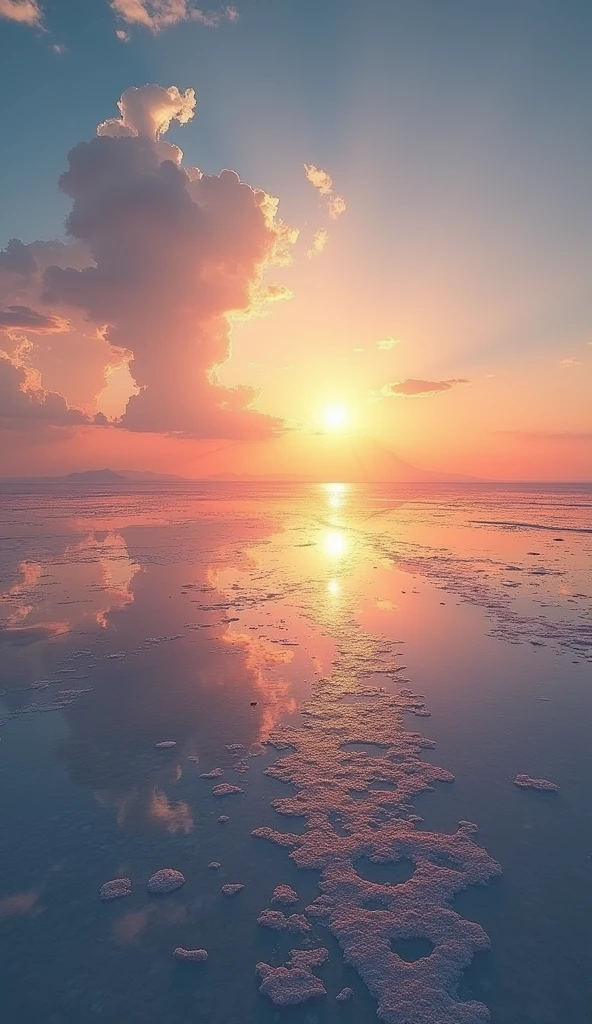 (masterpiece:1.2,Highest quality,Ultra-high resolution,Very detailed,Realistic,RAW Photos:1.2,Elaborate photos),8k,wallpaper,(Ray Tracing),Bolivia,Uyuni salt lake,The flattest place in the world,(A majestic salt lake,Drawing a beautiful and endless water surface,Diffuse reflection of light),(A photograph capturing the magnificent scenery reflected on the water's surface:2.0),sunset,The beautiful sun reflected on the water surface