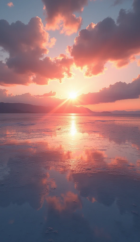 (masterpiece:1.2,Highest quality,Ultra-high resolution,Very detailed,Realistic,RAW Photos:1.2,Elaborate photos),8k,wallpaper,(Ray Tracing),Bolivia,Uyuni salt lake,The flattest place in the world,(A majestic salt lake,Drawing a beautiful and endless water surface,Diffuse reflection of light),(A photograph capturing the magnificent scenery reflected on the water's surface:2.0),sunset,The beautiful sun reflected on the water surface
