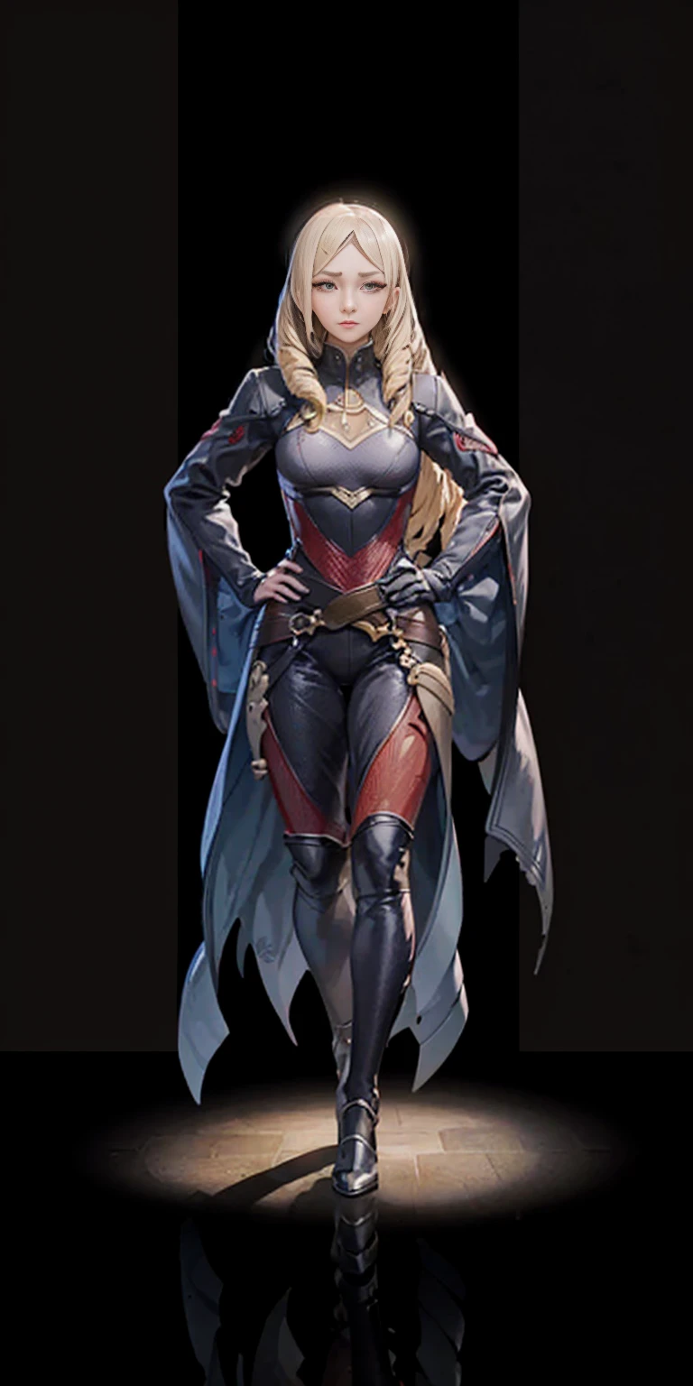 masterpiece, best quality, high quality, BLACK BACKGROUND,1:2 (1solofemale full body standing straight symmetrical, hands on hips)