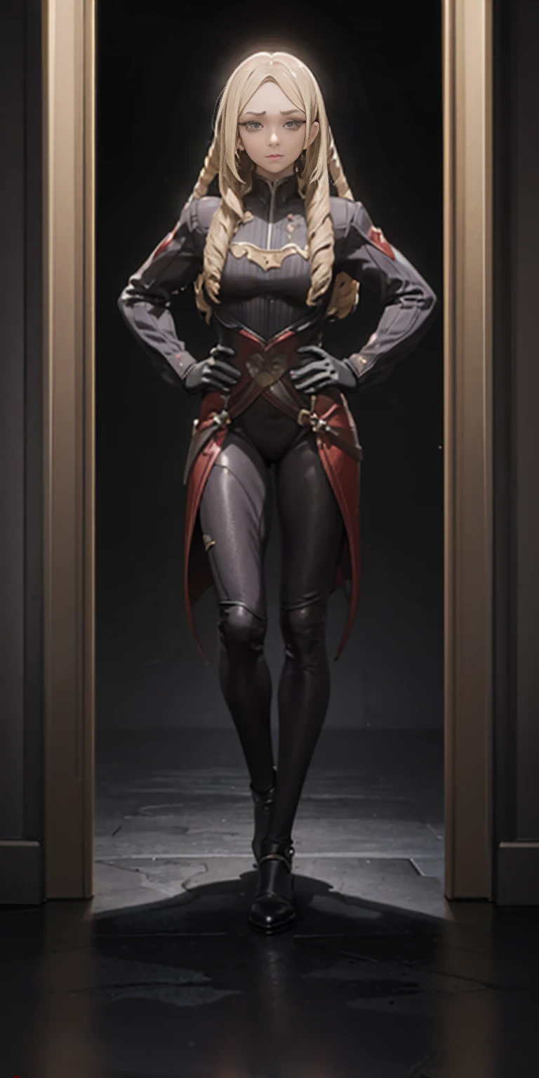 masterpiece, best quality, high quality, BLACK BACKGROUND,1:2 (1solofemale full body standing straight symmetrical, hands on hips)