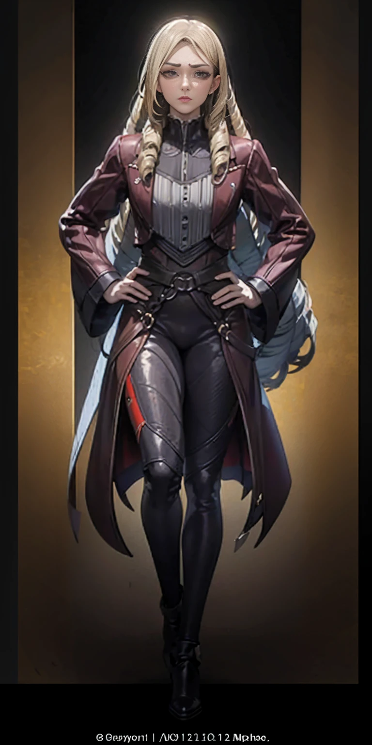 masterpiece, best quality, high quality, BLACK BACKGROUND,1:2 (1solofemale full body standing straight symmetrical, hands on hips)