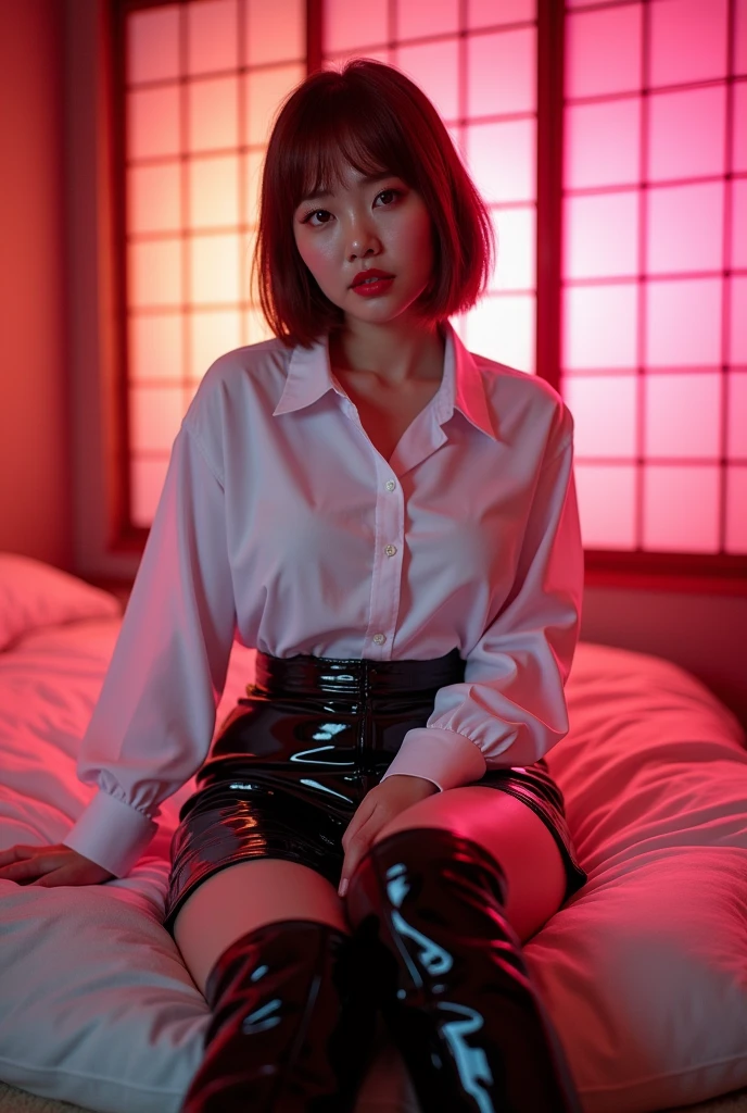 ((Chinese Idol)) 35 talents ((Plump, bright red lips with lipstick)) cute round face Heavy makeup Duck mouth Big Breasts Plump Brown hair short hair ((Looking into the camera)) Sit with your legs apart ((White button-up shirt with black patent leather tight skirt and black stockings)) ((Knee-high boots)) Skin and chest drenched in sweat (Sit on the futon with your legs spread open.) look down ((A bedroom with shoji and tatami mats lit up in pink neon lights)) Shooting from a camera angle seen from the floor