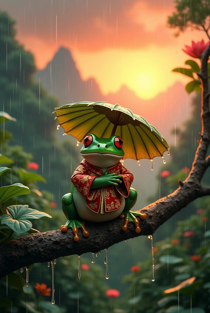 On a branch in the rainforest，A fat green tree frog，Wearing Chinese clothes，Ultra-realistic，high resolution，Standing with a lotus leaf umbrella，It is raining in the background，The background is the hilltop at sunset
