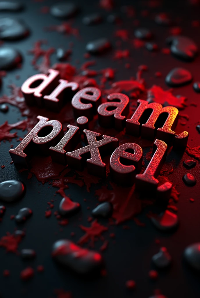 A highly detailed 3D logo, red and black, text "dream pixel", premium quality, photorealistic, intricate detail, sleek and modern design, metallic textures, cinematic lighting, dramatic shadows, bold typography, dynamic composition, elegant and sophisticated, digital art