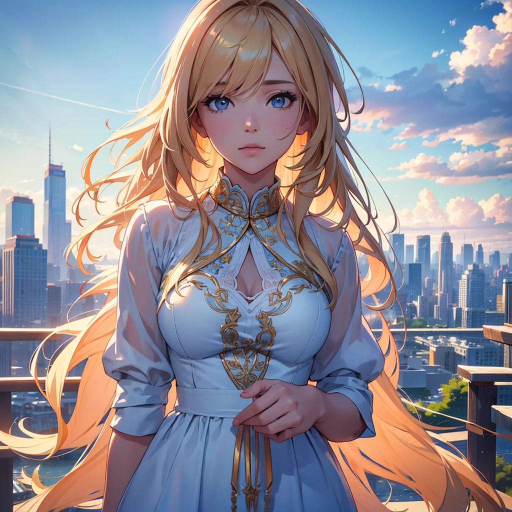 a beautiful girl with golden hair standing on a high platform, looking at the cityscape below, wearing light and airy clothing, blue sky with fluffy clouds overhead, (best quality,4k,8k,highres,masterpiece:1.2),ultra-detailed,(realistic,photorealistic,photo-realistic:1.37),detailed facial features, intricate clothing, architectural details in the city, vibrant colors, natural lighting, serene atmosphere, picturesque landscape