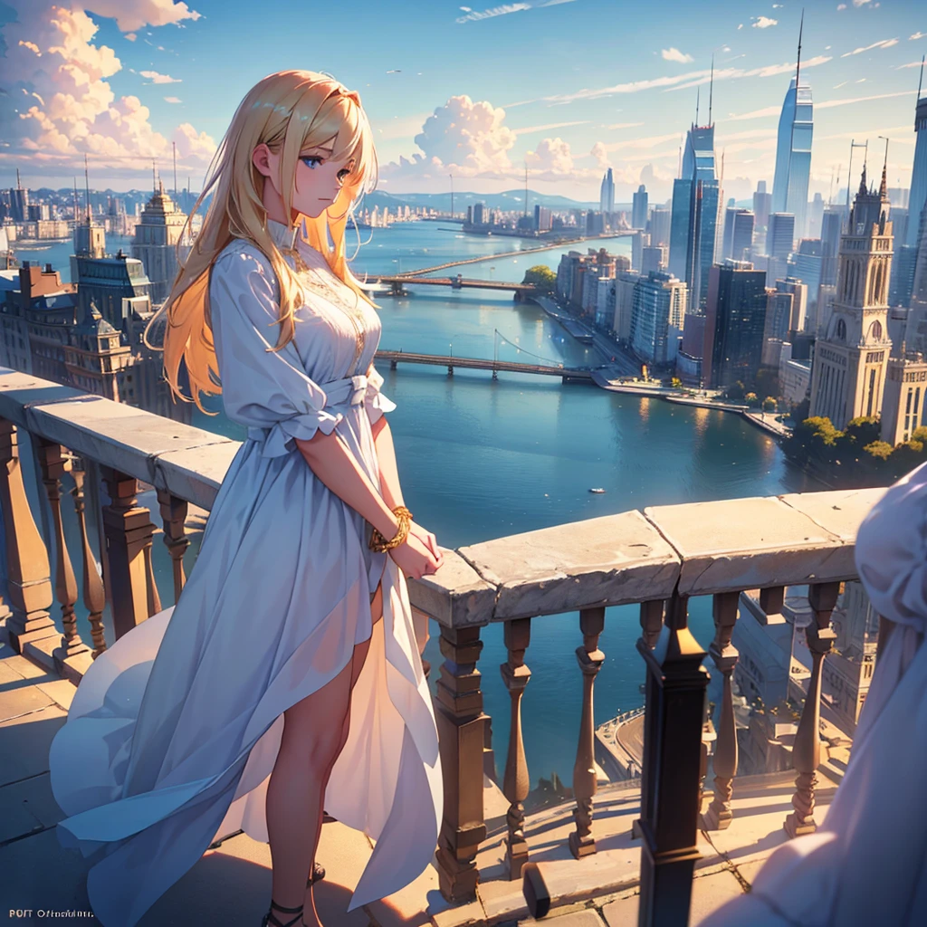 a beautiful girl with golden hair standing on a high platform, looking at the cityscape below, wearing light and airy clothing, blue sky with fluffy clouds overhead, (best quality,4k,8k,highres,masterpiece:1.2),ultra-detailed,(realistic,photorealistic,photo-realistic:1.37),detailed facial features, intricate clothing, architectural details in the city, vibrant colors, natural lighting, serene atmosphere, picturesque landscape