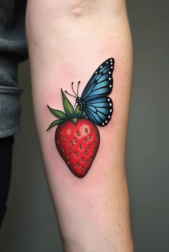 A minimalist and creative 10cm masculine tattoo featuring a strawberry and a butterfly