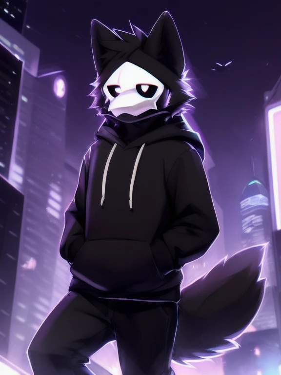 by zackary911, (coffeesoda:1.1), hioshiru, zackary911, puro, anthro, male, solo, (((full body))) clothing, fur, 2022, black clothing, hoodie, black topwear, lidded eyes, black hoodie, cyberpunk city background, 